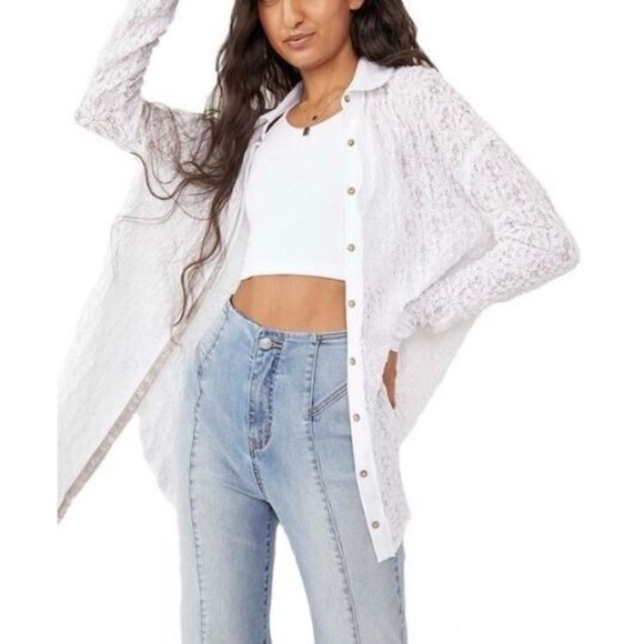 Free People Must Have Long Sleeve Shirt Sheer Knit Lace Ivory White Size Small